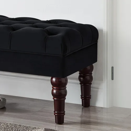 Vista 7 de 24KF Banco de entrada tapizado con botones capitoné de terciopelo con pata de madera maciza, banco de cama otomano con asiento acolchado, 5061N-Negro