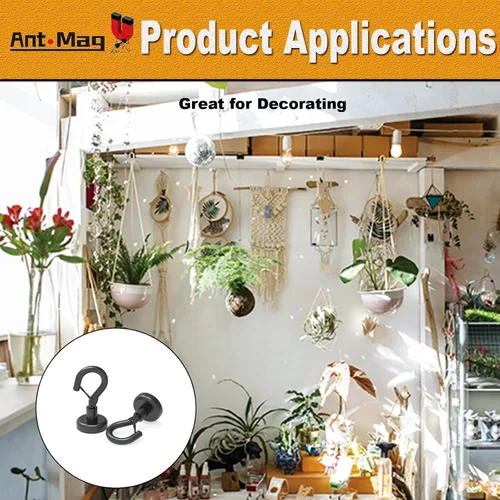 Vista 6 de Ant Mag Ganchos magnéticos negros resistentes con broche de presión de 22 libras, ganchos magnéticos fuertes, ideales para colgar en refrigerador