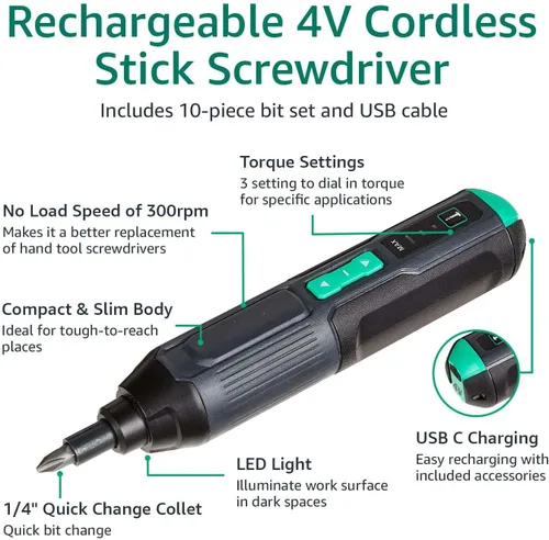 Vista 4 de Amazon Basics by SKIL - Destornillador inalámbrico de precisión, recargable, 4 V, con juego de 10 puntas y cable USB