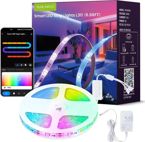 Vista 10 de Tira de luces LED RGB+IC, luz LED Bluetooth inteligente para dormitorio, tiras LED que cambian de color con 44 modos de escena (6.6 pies)