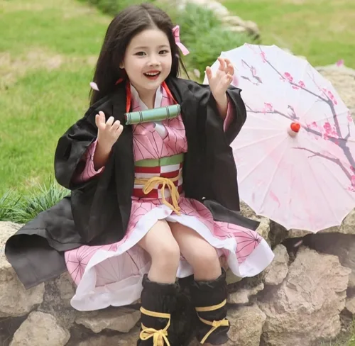 Vista 4 de TSCMRCDC Cosplay Costume Nezuko Anime Cosplay Costume Outfits Cape Christmas Halloween Uniform for Kids Girls and Women