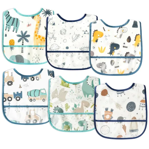 Vista 17 de 6 piezas de baberos impermeables para niños pequeños con bolsillo recogemigas, juego de baberos para bebés con ajuste para dientes de leche, baberos