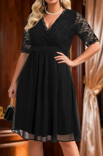 Vista 2 de Plus Size Wedding Guest Cocktail Midi Dress Lace Chiffon V Neck Wrap Negro