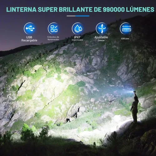 Vista 2 de KINGCAESAR Linternas recargables de alto lúmenes, 2 unidades de 90,000 lúmenes, linterna súper brillante, 5 modos de linterna LED, IPX7 impermeable