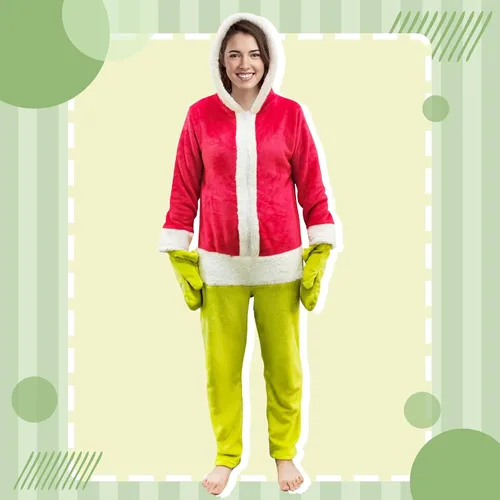Vista 2 de Mono de Papá Noel, monstruo verde, unisex, para adultos, pijama con capucha de Navidad, disfraz de fiesta
