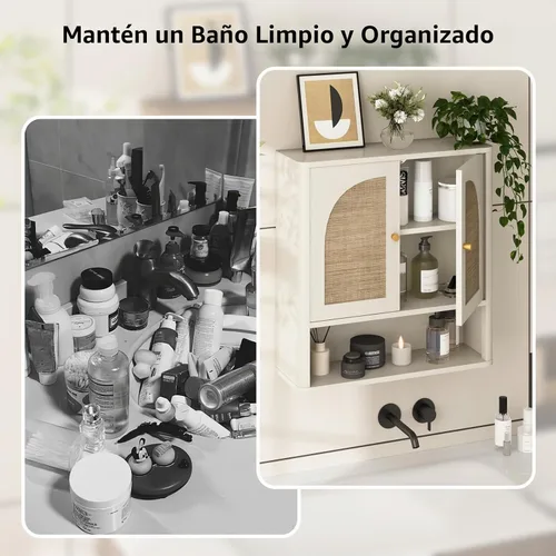 Vista 5 de RUSTOWN Mueble de pared de baño de ratán con 2 puertas arqueadas y estante Blanco rústico