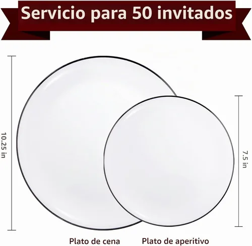 Vista 9 de EjonirInjonir 100 platos de plástico blanco con ribete negro resistentes Platos de plástico con borde blanco y negro