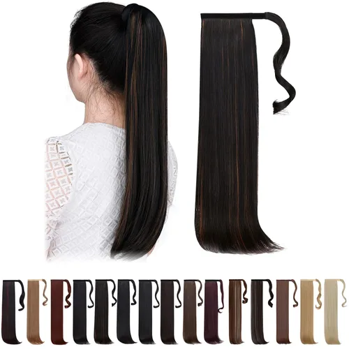 Vista 44 de Extensiones de cola de caballo negras, colas de caballo rizadas con clip, 22 pulgadas, 3.5 onzas, extensión de cabello sintético envolvente del pelo