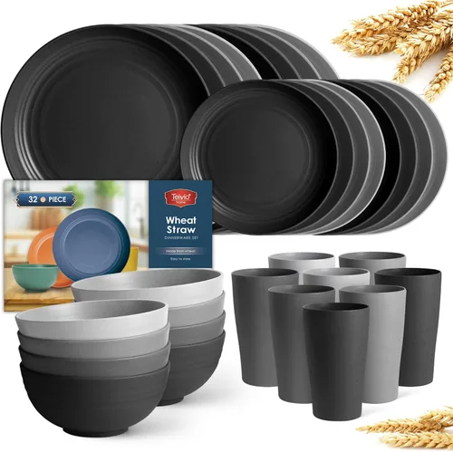 Vista 15 de Teivio Juego de vajilla de plástico de paja de trigo de 32 piezas para cocina, servicio para 8, platos, cuencos y tazas irrompibles, vajilla