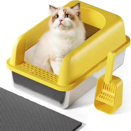 Vista 11 de Caja de arena para gatos de acero inoxidable con tapa, 20 pulgadas de largo x 14.2 pulgadas de ancho x 11.8 pulgadas de alto, caja de arena grande