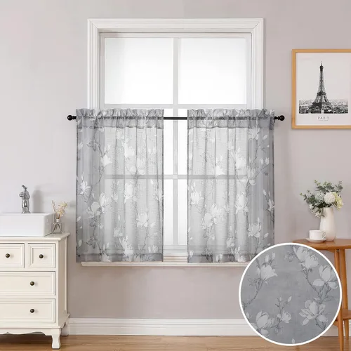 Vista 31 de SMILE WEAVER 2 paneles de cortinas traslúcidas turquesa de 45 pulgadas de largo, para sala de estar, cortinas semitransparentes florales