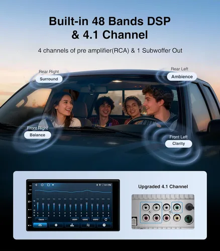 Vista 6 de AINAVI Radio de coche de doble DIN Android de 7" 2+32G estéreo CarPlay/Android Auto, 48B EQ y DSP, 4.1 canales, salidas 240W, SWC/Bluetooth/AM/FM