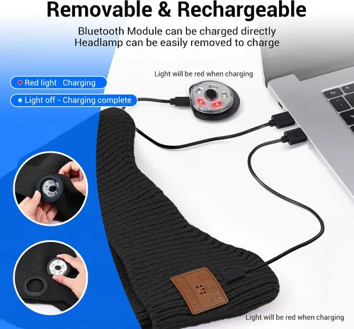 Vista 5 de Bluetooth Beanie with Light, HD Stereo Sound and Built-in Super Bright LED, Cool Gadgets Unique Tech Gifts for Men