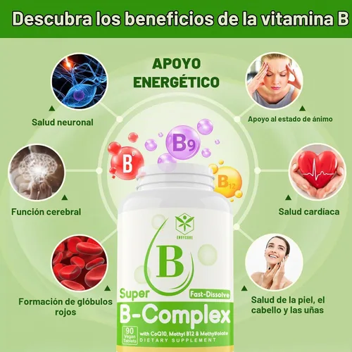 Vista 4 de Complejo de vitamina B sin azúcar con metil B12, metilfolato, B6, B1, B2, B3, suplemento de complejo B metilado de disolución rápida altamente