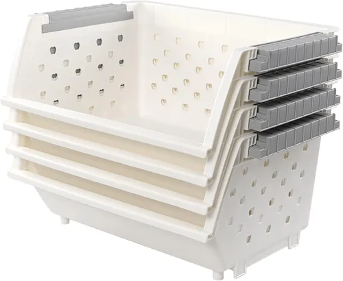 Vista 9 de Bringer Paquete de 4 cestas de almacenamiento apilables de plástico, cesta organizadora apilable de cocina, color blanco Stackable Storage Basket