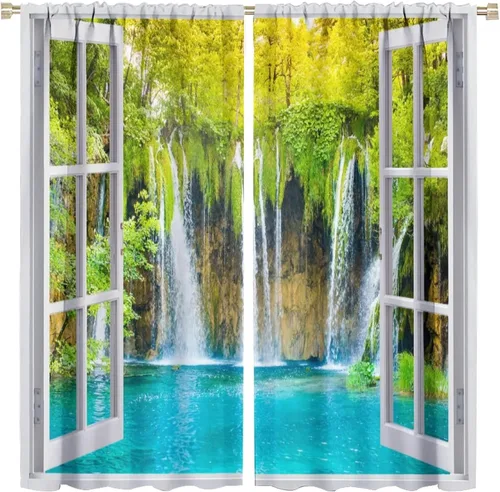 Vista 14 de Cortinas de paisaje, ventana tropical con vista al mar, océano, playa, barco, cortinas con estampado de palmeras para dormitorio, sala de estar, Mar