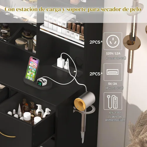 Vista 3 de chartustriable Escritorio grande de maquillaje de 47 pulgadas con espejo LED inteligente y estación de carga, juego de mesa negra con taburete