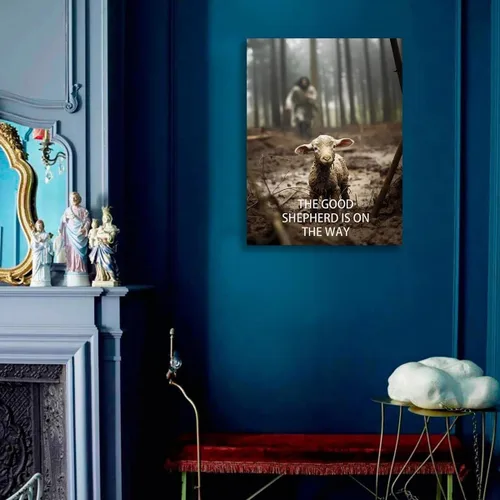Vista 4 de Lienzo decorativo cristiano para pared, póster de Jesús rescatando a las ovejas perdidas, impresión del buen pastor está en camino, póster religioso