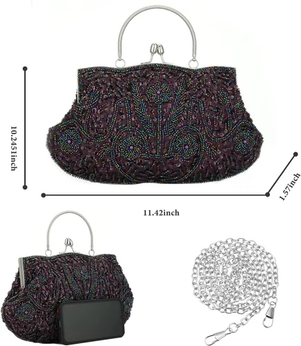 Vista 4 de Bolso de mano de noche con cuentas vintage para mujer, diseño vintage, lentejuelas, floral, asa superior, bolso de fiesta, boda, cartera, Púrpura