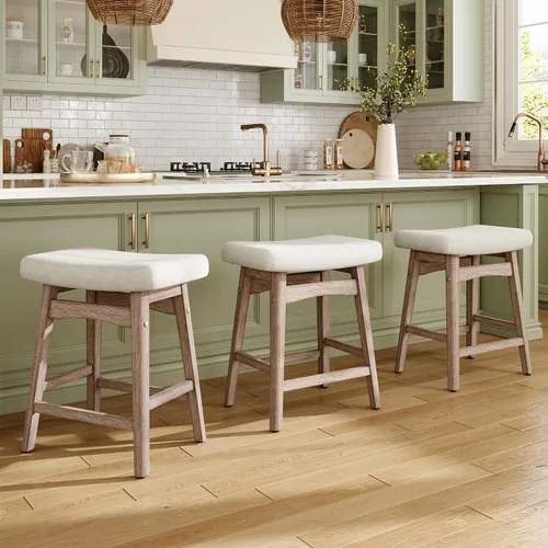 Vista 9 de MAISON ARTS Juego de 4 taburetes de bar grises para encimera de cocina, patas de madera maciza con asiento de silla de montar de piel sintética