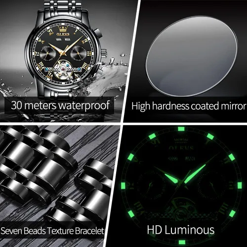 Vista 5 de OLEVS Reloj automático para hombre, cuerda automática, mecánica, de lujo, de acero inoxidable, multicalendario, impermeable, luminoso, reloj