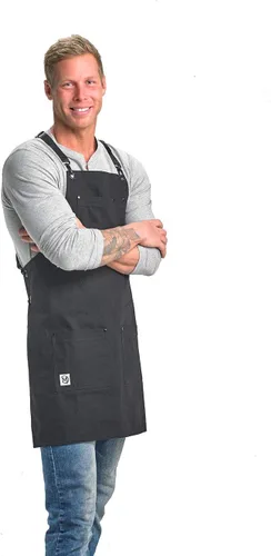 Vista 8 de Mercer Culinary Metro Edge Renegade - Delantal con peto, color negro y correas de cuero marrón