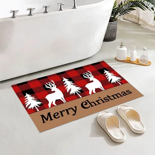 Vista 3 de Tapete clásico retro de reno de Navidad, rojo, negro, blanco, copos de nieve, a cuadros, cuadriculados, felpudo para puerta delantera/baño, 23.6 x