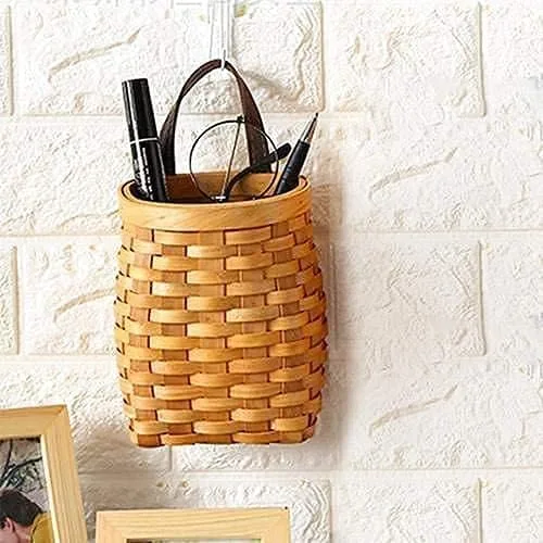 Vista 2 de Cesta colgante de mimbre tejida a mano, cesta de almacenamiento de madera portátil para colgar en la pared, cesta de flores, organizador de frutas