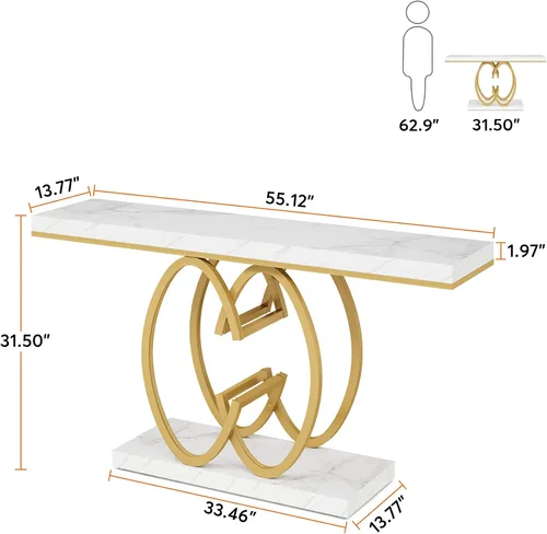 Vista 9 de Tribesigns Mesa Consola de 55 Pulgadas para Pasillo, Mesa de Entrada de Mármol Sintético Dorado con Base de Metal Geométrico, Mesa de Acento Moderna