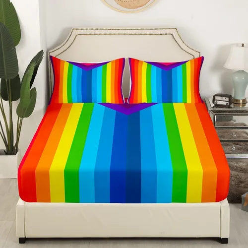 Vista 3 de Erosebridal Juego de sábanas bajeras de arcoíris multicolor a rayas para niños y adolescentes, sábanas psicodélicas iridiscentes psicodélicas Multi