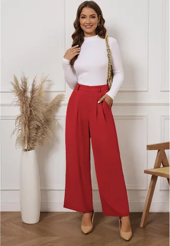Vista 4 de GRAPENT Pantalones de pierna ancha para mujer, para trabajo, negocios, casual, de cintura alta, pantalones de vestir fluidos para la oficina