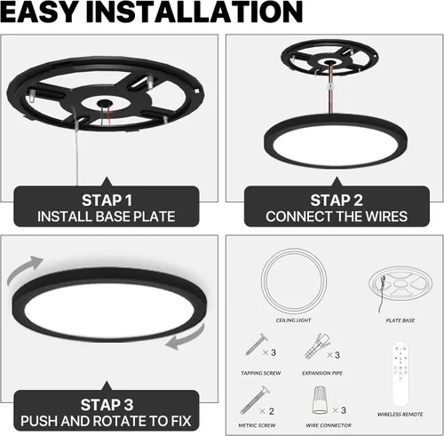 Vista 6 de Lámpara de techo LED regulable con control remoto, 24 W, 2640 lúmenes, 12 pulgadas, luz nocturna cálida de 2000 K y 3000 K-6500 K, moderna lámpara