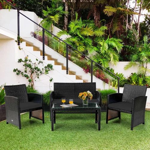 Vista 3 de Tangkula Juego de muebles de ratán de 4 piezas, juego de conversación al aire libre con silla, sofá biplaza y mesa de centro de vidrio templado