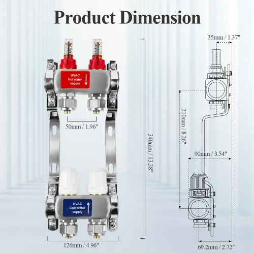 Vista 4 de AB Colector PEX de 2 bucles/radiante, salidas compatibles de 1/2 pulgada, válvula de flujo de hasta 1.4 GPM para calefacción radiante hidrónica