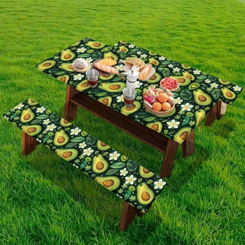 Vista 2 de Funda de mesa de picnic con fundas de banco, resistente al viento, resistente a las manchas, mantel de camping y accesorios de viaje, juego de 3