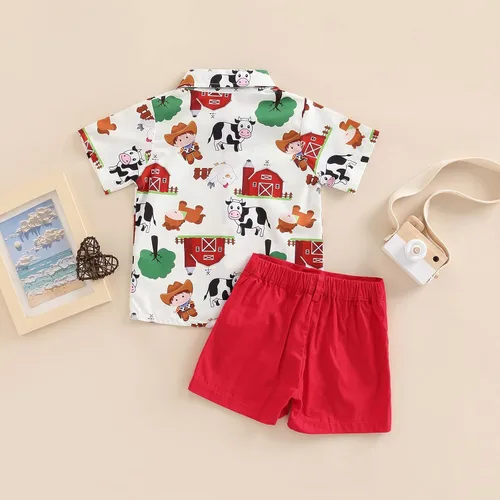 Vista 3 de Ropa de verano para bebé niño, manga corta, estampado de dibujos animados, corbatín, camiseta de manga corta, pantalones cortos, 2 piezas, atuendo