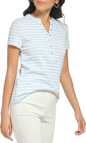 Vista 2 de Calvin Klein Cuello redondo a rayas de manga corta con detalle de broche cómodo para mujer