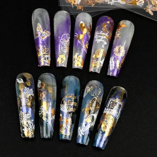 Vista 5 de 6 hojas de calcomanías para uñas de otoño, Acción de Gracias, 3D, autoadhesivas, hojas de arce, suministros de arte de uñas, flores de oro blanco