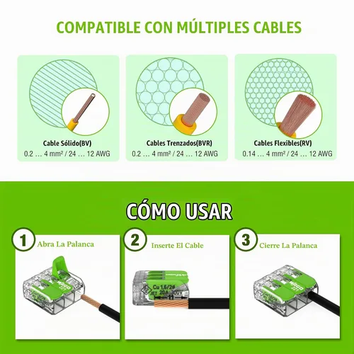 Vista 4 de WAGO 221 Series Green Range 36 conectores de cable de empalme compactos, incluye (16 tuercas de palanca 221-422) (12 x 221-423) (8 x 221-425)