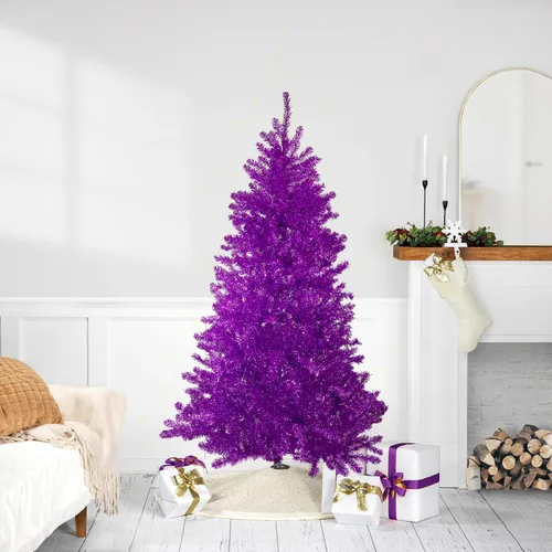 Vista 2 de Northlight Árbol de Navidad artificial de oropel morado metálico de 6 pies, sin iluminación