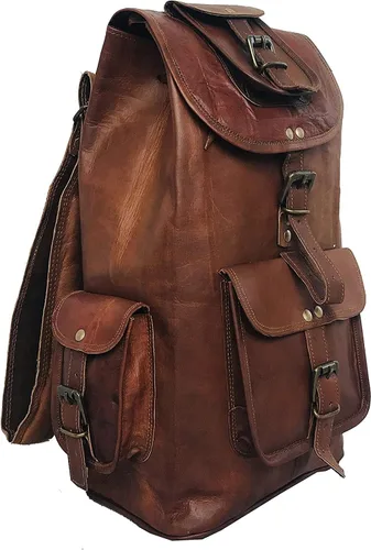 Vista 4 de HLC - Mochila retro de cuero genuino de 20 pulgadas, mochila de viaje para universidad