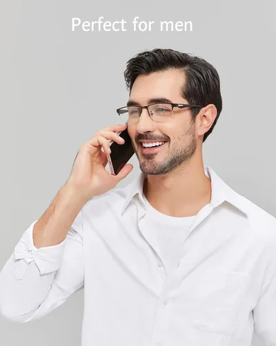Vista 3 de ANRRI Gafas de luz azul para hombre, con marco de metal, rectangular, sin montura y bloqueo UV, para computadora Marrón