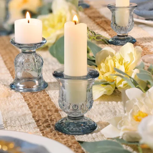 Vista 6 de 10 piezas Portavelas Azules, Portavelas de Vidrio para Velas Cónicas para Decoración de Centro de Mesa, Boda, Cumpleaños, Regalo