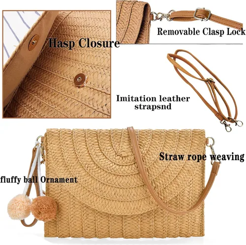 Vista 2 de Bolso de mano de mimbre tejido de rafia para niñas, bolso cruzado de verano para playa