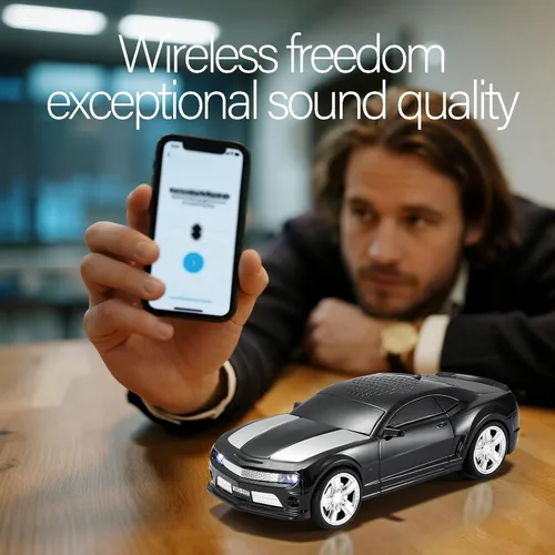 Vista 4 de WSTER Altavoz Bluetooth modelo de coche deportivo con sonido estéreo, emparejamiento TWS, luces LED de fiesta, reproducción USB/TF, ruedas móviles