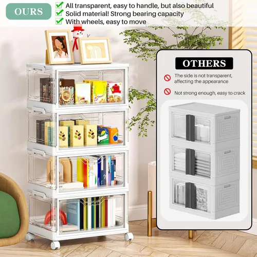 Vista 6 de Kmiectse Contenedores de almacenamiento transparentes con tapas, Cajas de plástico de 4 niveles con ruedas, Contenedor de almacenamiento apilable