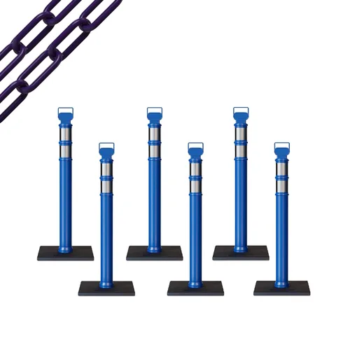 Vista 50 de CCW 6-Pack 45" Delineador Post Kit Kit de 3.0 in collares reflectantes, base de goma de 10 lb (6 postes blancos con cadena negra de 50 pies)