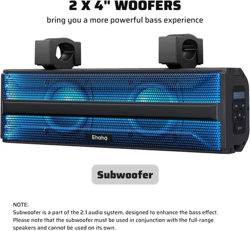 Vista 8 de Ehaho Barra de sonido estéreo UTV de 2.1 canales (subwoofer) y altavoces, barra de sonido Bluetooth ATV de 17 pulgadas con luces RGB, altavoces