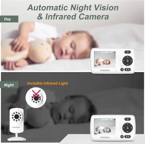Vista 5 de HelloBaby HB30 Monitor de bebé de video con cámara digital y audio, sin WiFi sin aplicación, monitor de bebé de seguridad, 8 idiomas, visión