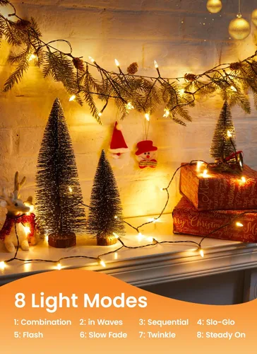 Vista 4 de Luces de Navidad LED Brightown, 39 pies de longitud, 100 luces LED con bombillas transparentes, 8 modos de iluminación, luces de hadas enchufables